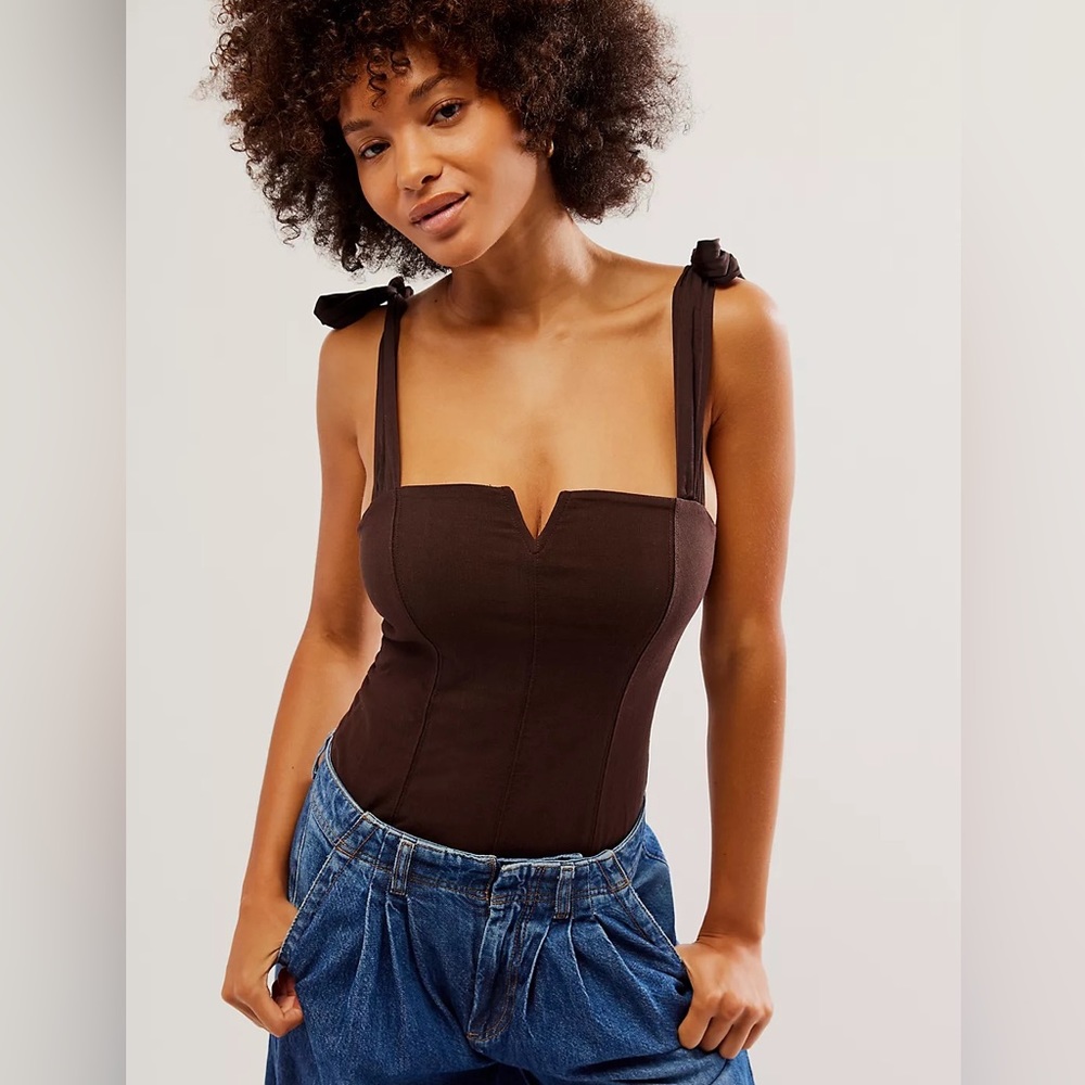Free people brown body suit with tie straps